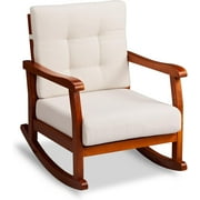 Outvita Outdoor Rocking Chair, Solid Wood High Back Relaxing Rocker, Nursery Accent Chair Mid-Century Modern Chair with Padded Seat for Porch Patio Garden Backyard Porch Indoor(Teak Color)